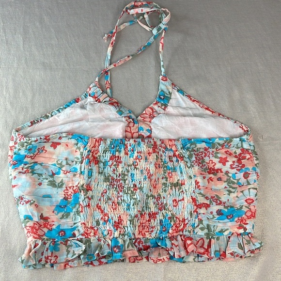 American Eagle Floral Cinch Front Cropped Halter Tank Top Pastel Y2K Smock S - Picture 4 of 11